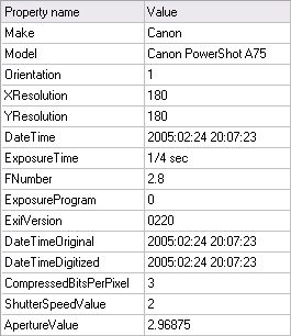 EXIF data fields